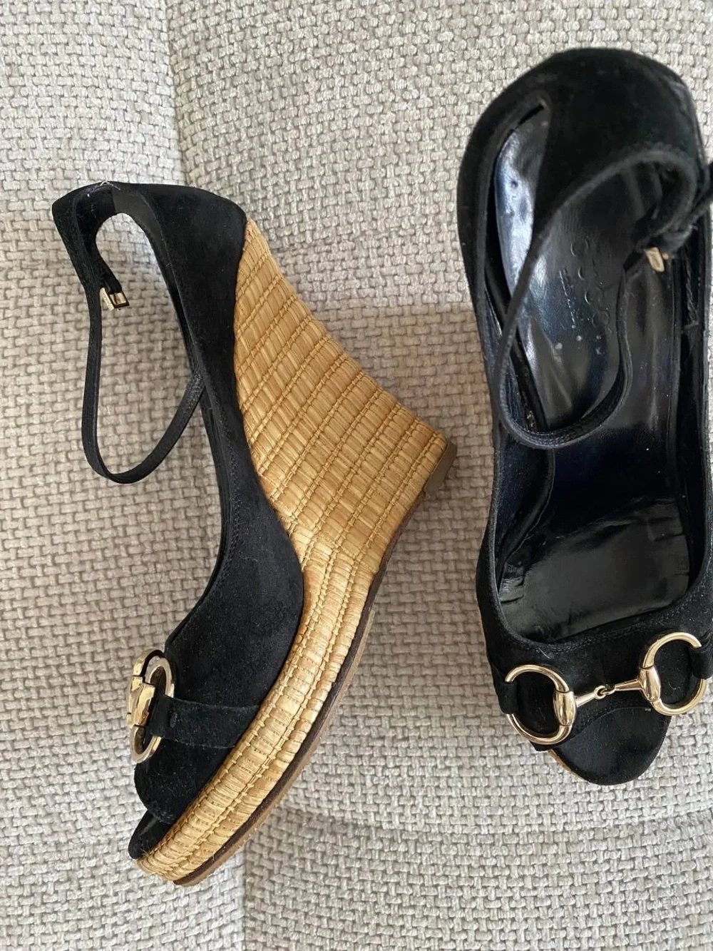 Gucci Black Suede Horsebit Wedge Espadrille Platform Sandals